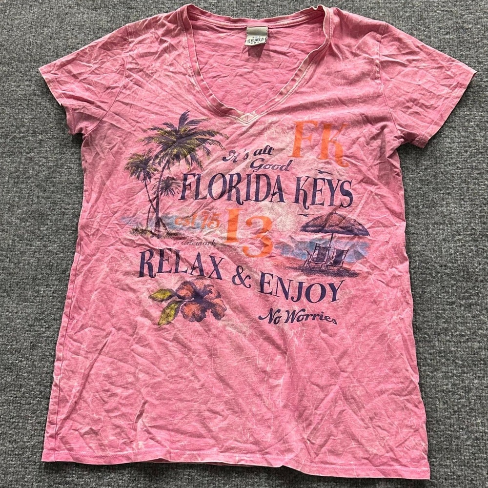EMI T-Shirt Womens XL Pink Florida Keys Graphic Acid Wash Cotton V-Neck Tee